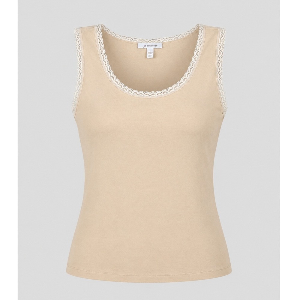 JM Collection Beige Cotton Lace Trim Sleeveless Tank Top Scoop Neck Large